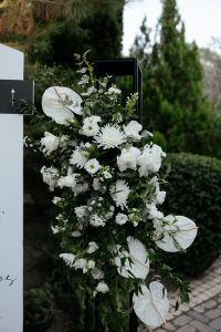 Custom Black and White Wedding Welcome Sign with Floral Installations