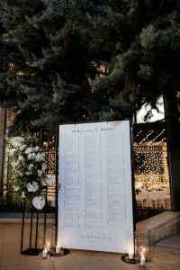 Custom Black and White Seating Board with Floral Installations